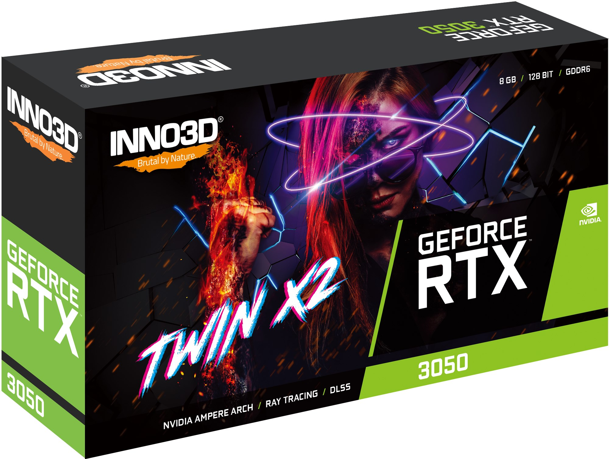 Scatola della scheda video Inno3D GeForce RTX 3050 Twin X2 con grafica di donna cyberpunk.