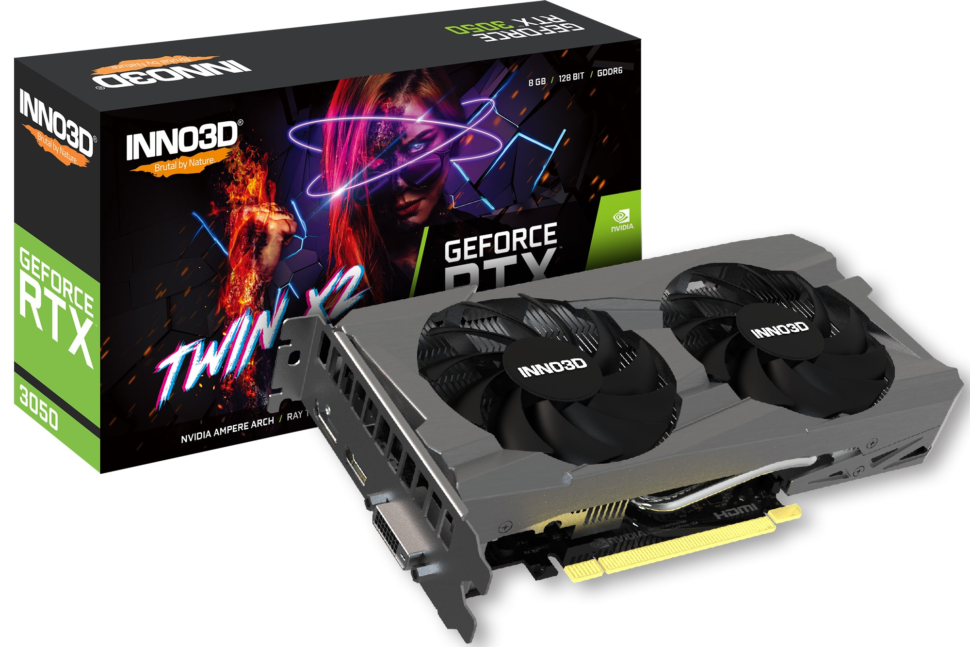 Scheda grafica Inno3D GeForce RTX 3050 davanti alla sua scatola colorata, con due ventole e custodia grigia.