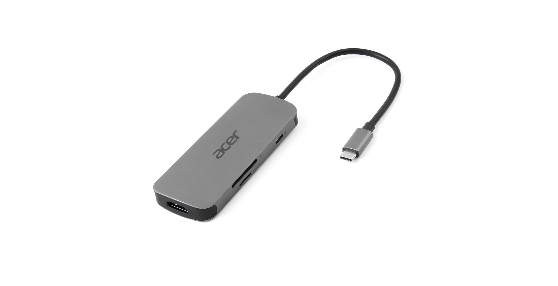 Concentrador USB-C gris de Acer con cable adjunto y varios puertos sobre fondo blanco.