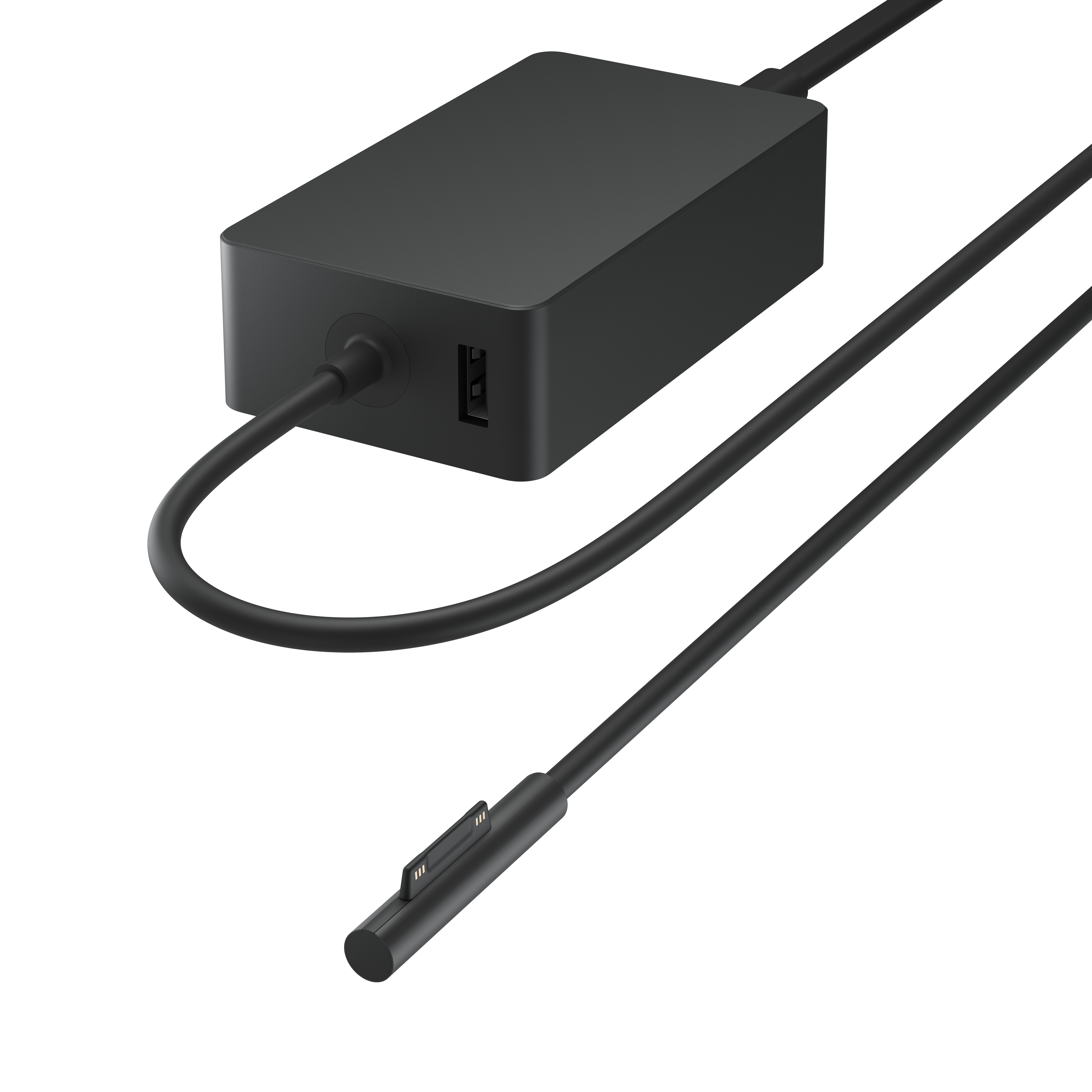 Adaptador de corriente negro con un puerto USB y cables conectados sobre fondo blanco.
