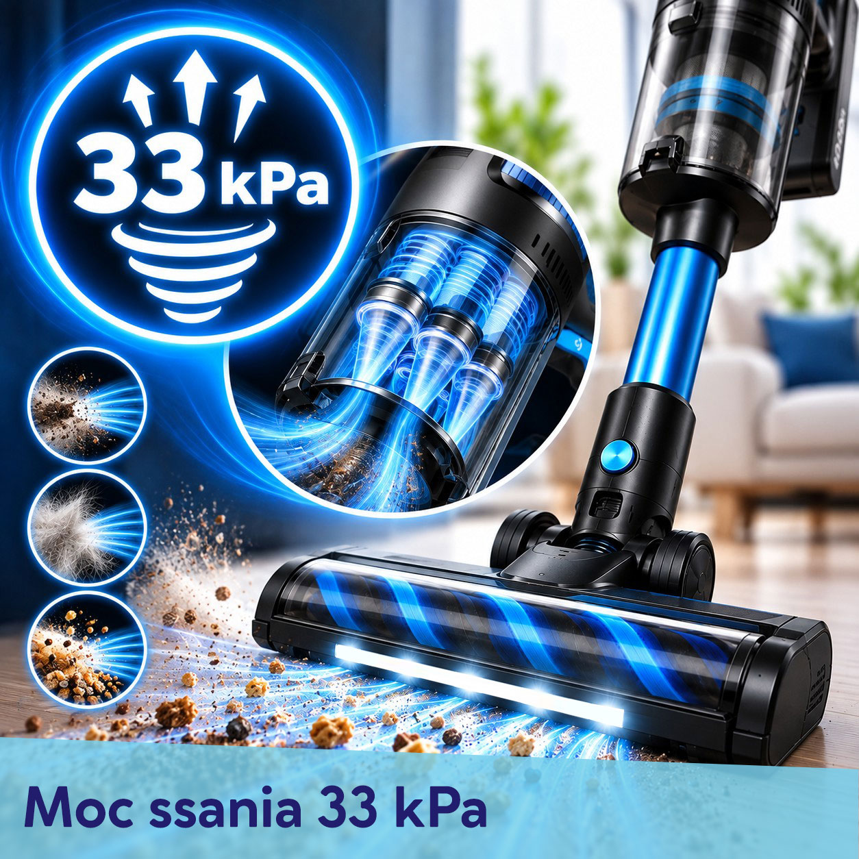Bezprzewodowy odkurzacz z niebieskimi akcentami sprząta brud, z grafiką siły ssania 33 kPa.