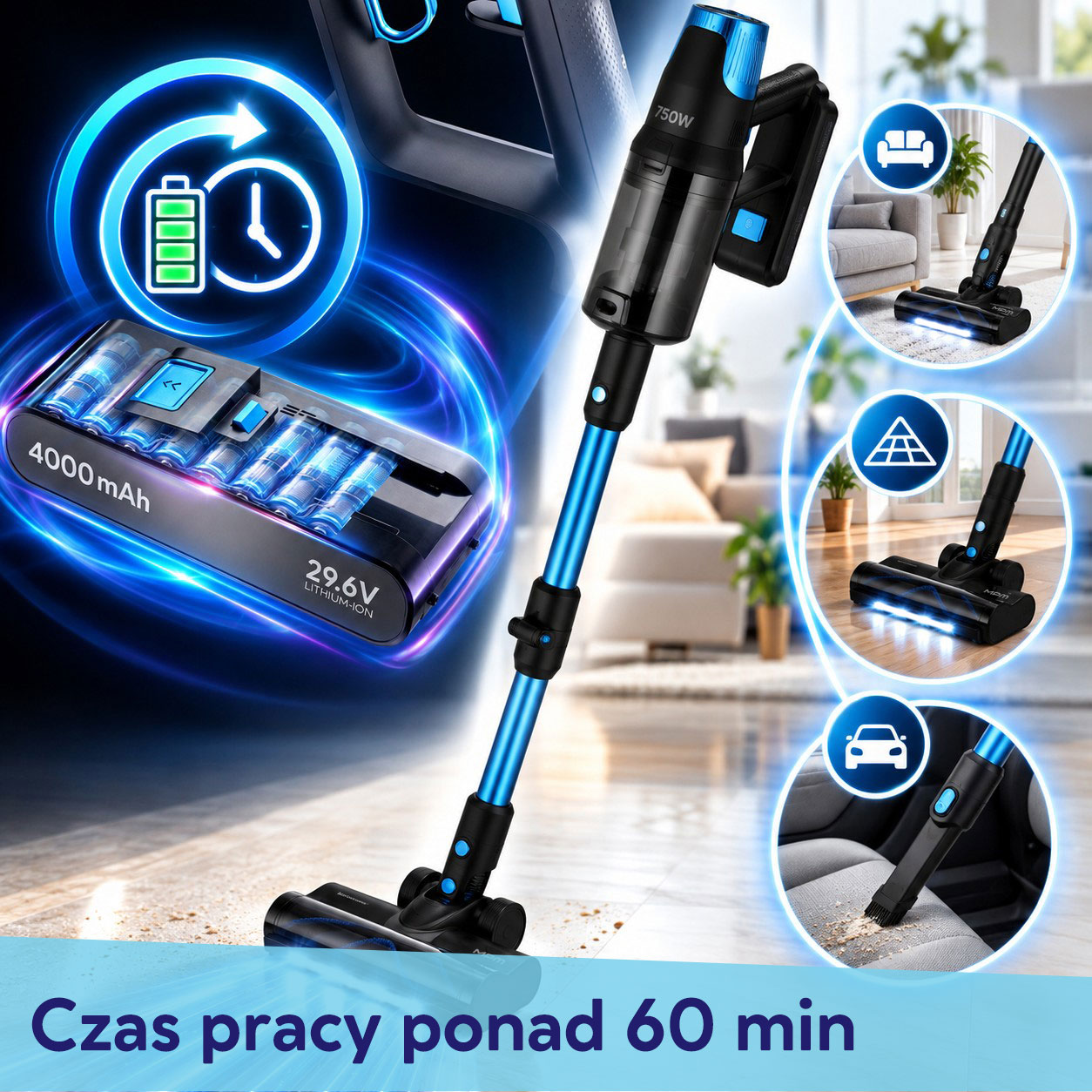 Bezprzewodowy niebiesko-czarny odkurzacz z akumulatorem, ikoną ładowania i nasadkami do podłóg i aut.