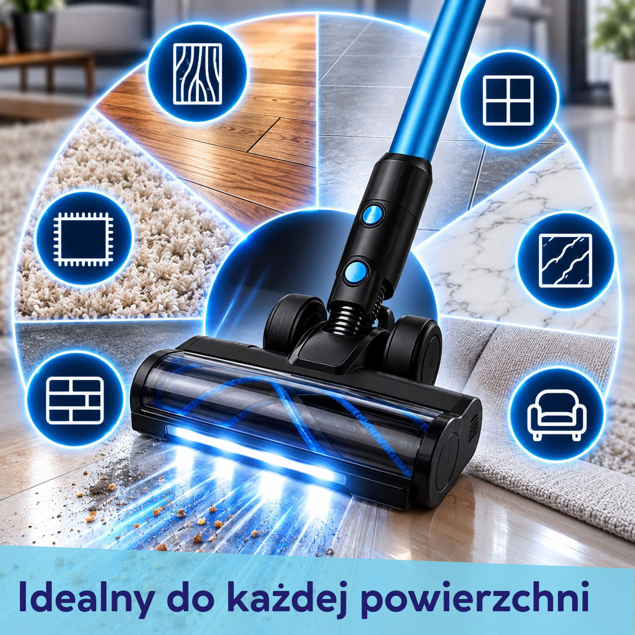 Niebieska główka odkurzacza czyści różne powierzchnie, otoczona świecącymi ikonami i tekstem.