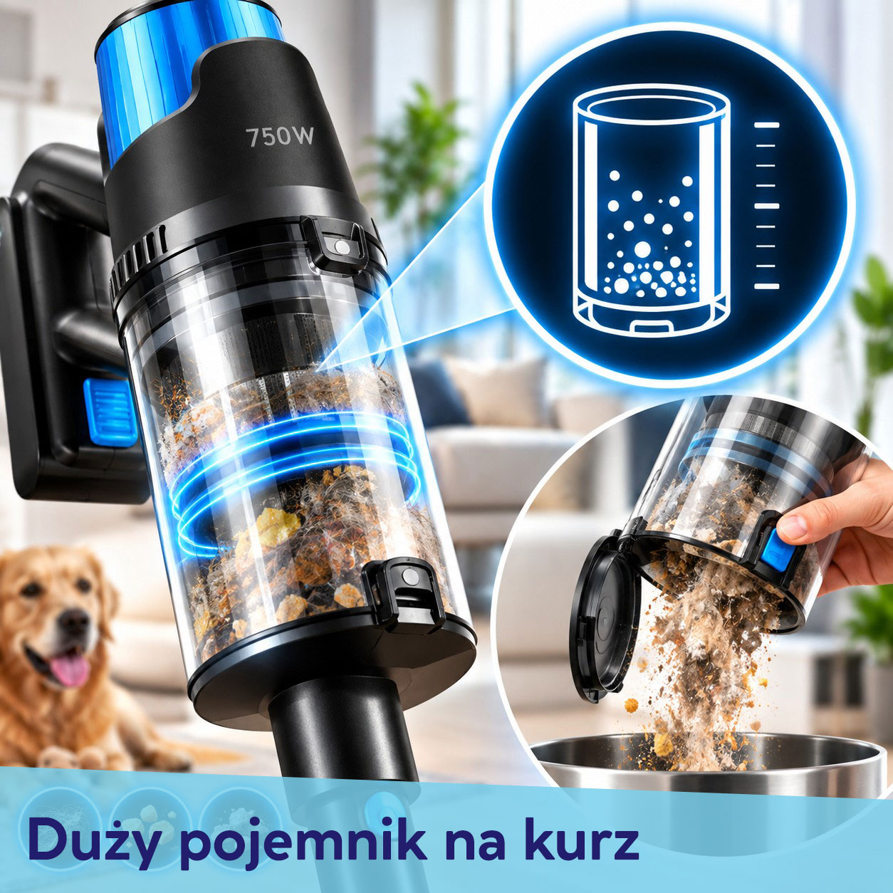 Odkurzaczy bezprzewodowy 750W z dużym pojemnikiem na kurz i łatwym opróżnianiem.