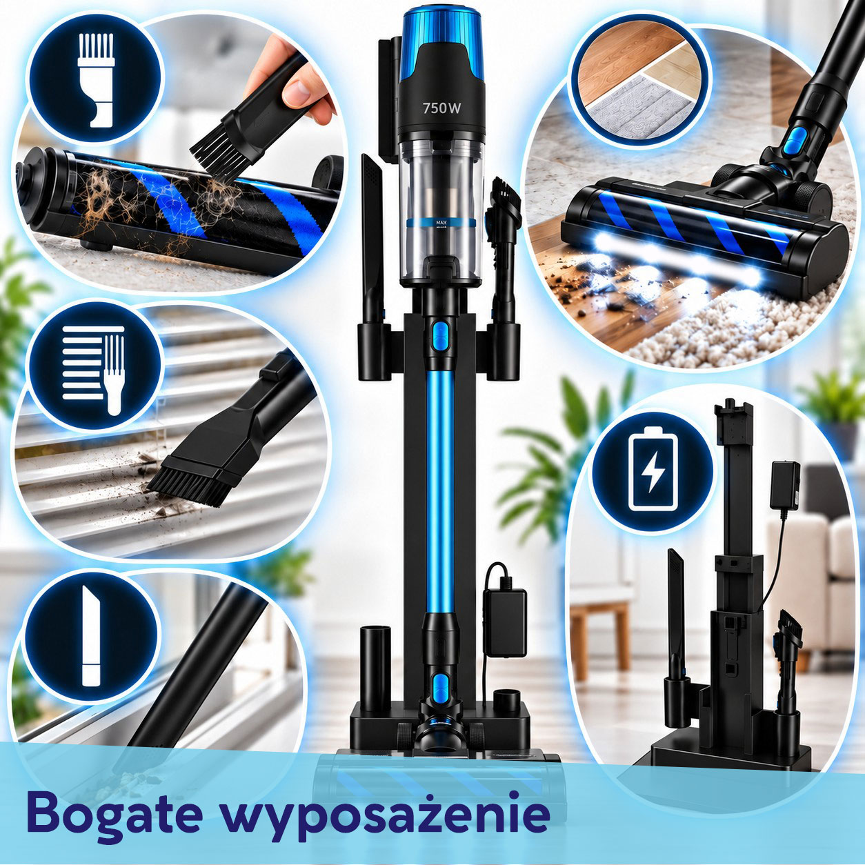 Odkurzacz pionowy z akcesoriami: szczotkami, nasadkami LED i stacją ładującą.