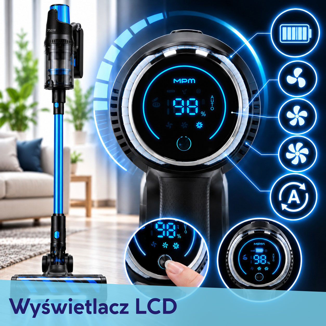 Niebieski wyświetlacz LCD odkurzacza pionowego pokazuje baterię i tryby.