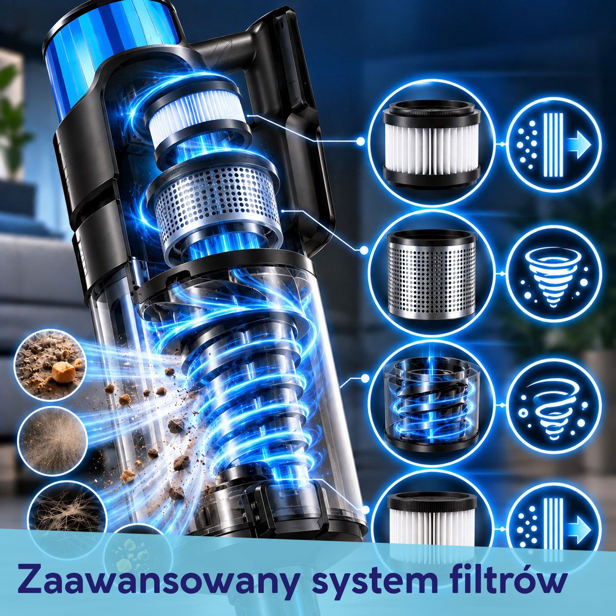 Schemat odkurzacza pokazujący wielostopniowy system filtracji z niebieskimi efektami świetlnymi.