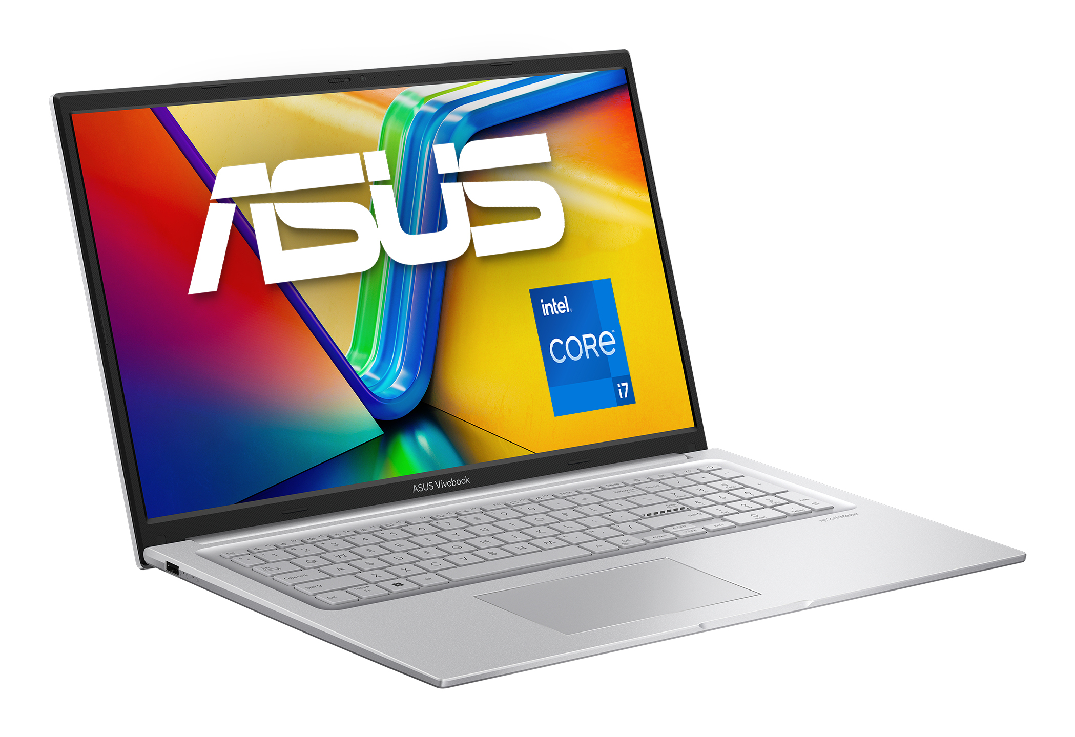 Un ordinateur portable ASUS Vivobook argenté ouvert sur fond blanc, avec un écran coloré et un Intel Core i7.