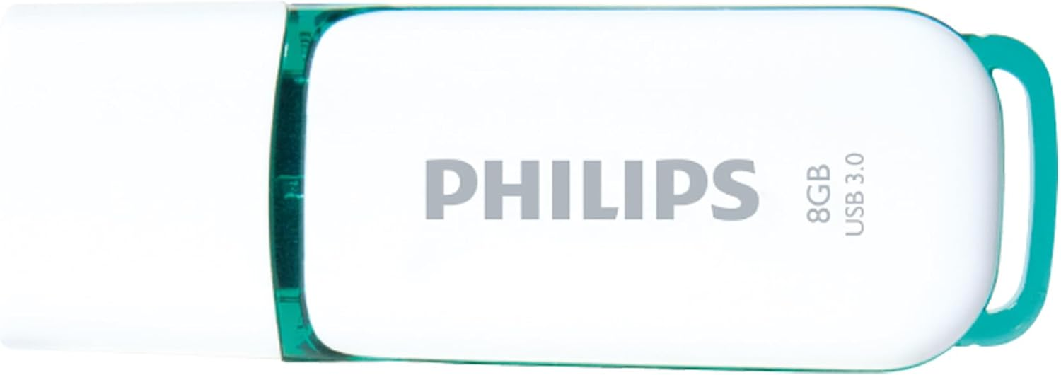 Clé USB 3.0 Philips blanche d'une capacité de 8 Go avec un boîtier vert menthe.