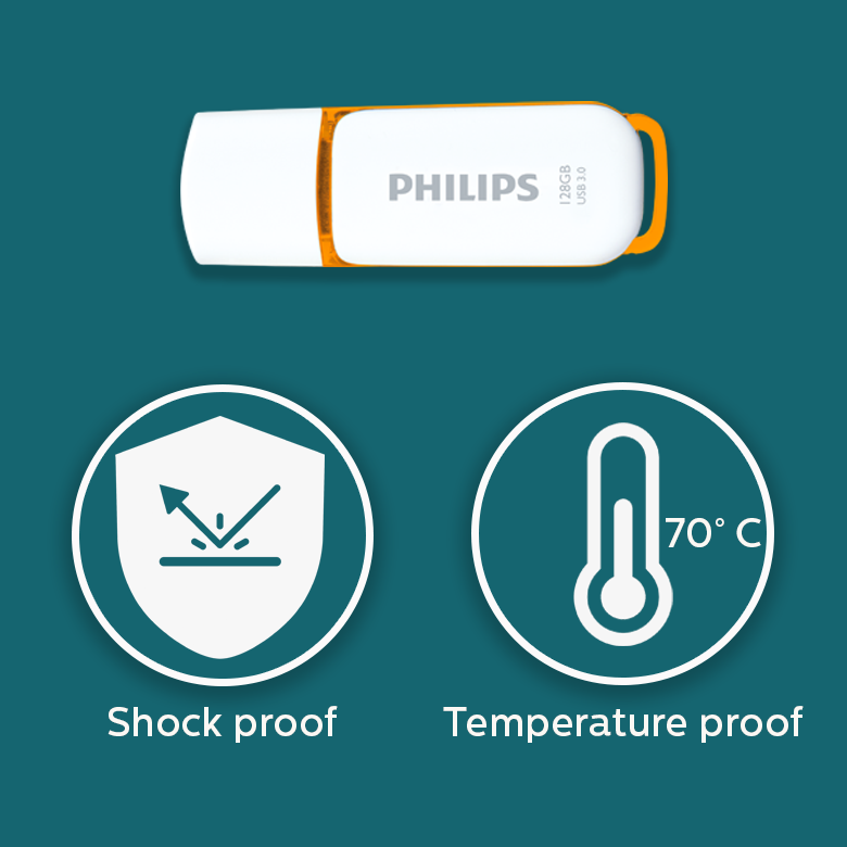 Una unidad USB Philips blanca y naranja con iconos de resistencia a golpes y temperatura sobre fondo verde.
