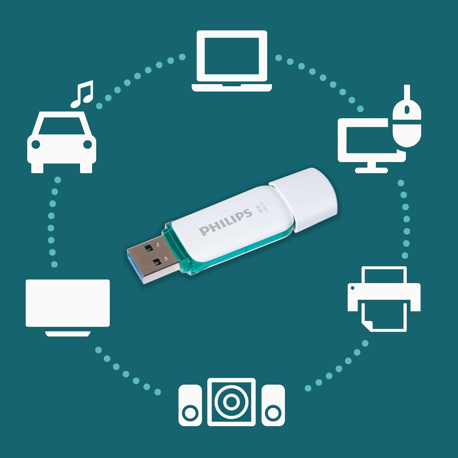 Une clé USB Philips blanche au centre d'un fond bleu sarcelle avec des icônes blanches.