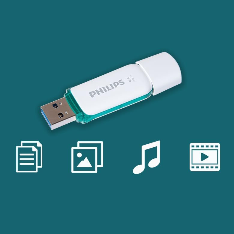 Une clé USB Philips blanche au-dessus d'icônes blanches représentant des documents, des images, de la musique et de la vidéo.