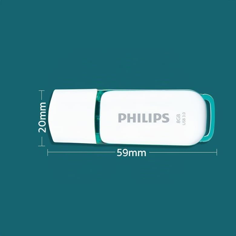 Une clé USB Philips blanche sur fond bleu sarcelle, affichant des dimensions de 59 mm de long et 20 mm de large.