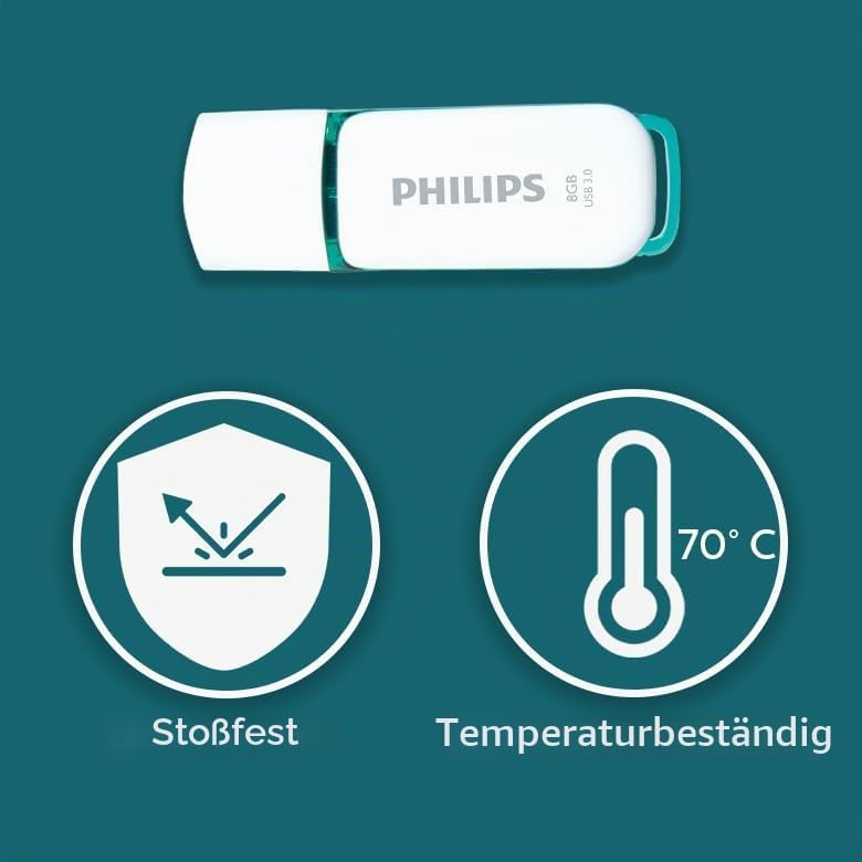 Clé USB Philips avec des icônes de résistance aux chocs et aux températures jusqu'à 70°C.