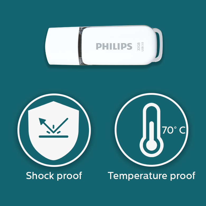 Una memoria USB Philips blanca de 32 GB con iconos a prueba de golpes y temperatura sobre un fondo verde azulado.