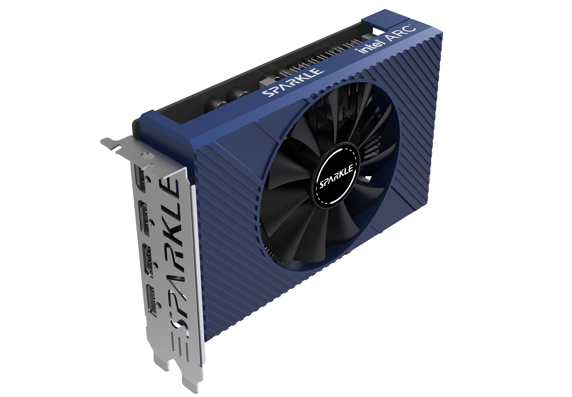 Niebieska karta graficzna Sparkle Intel Arc z czarnym wentylatorem i srebrnym śledziem na białym tle.