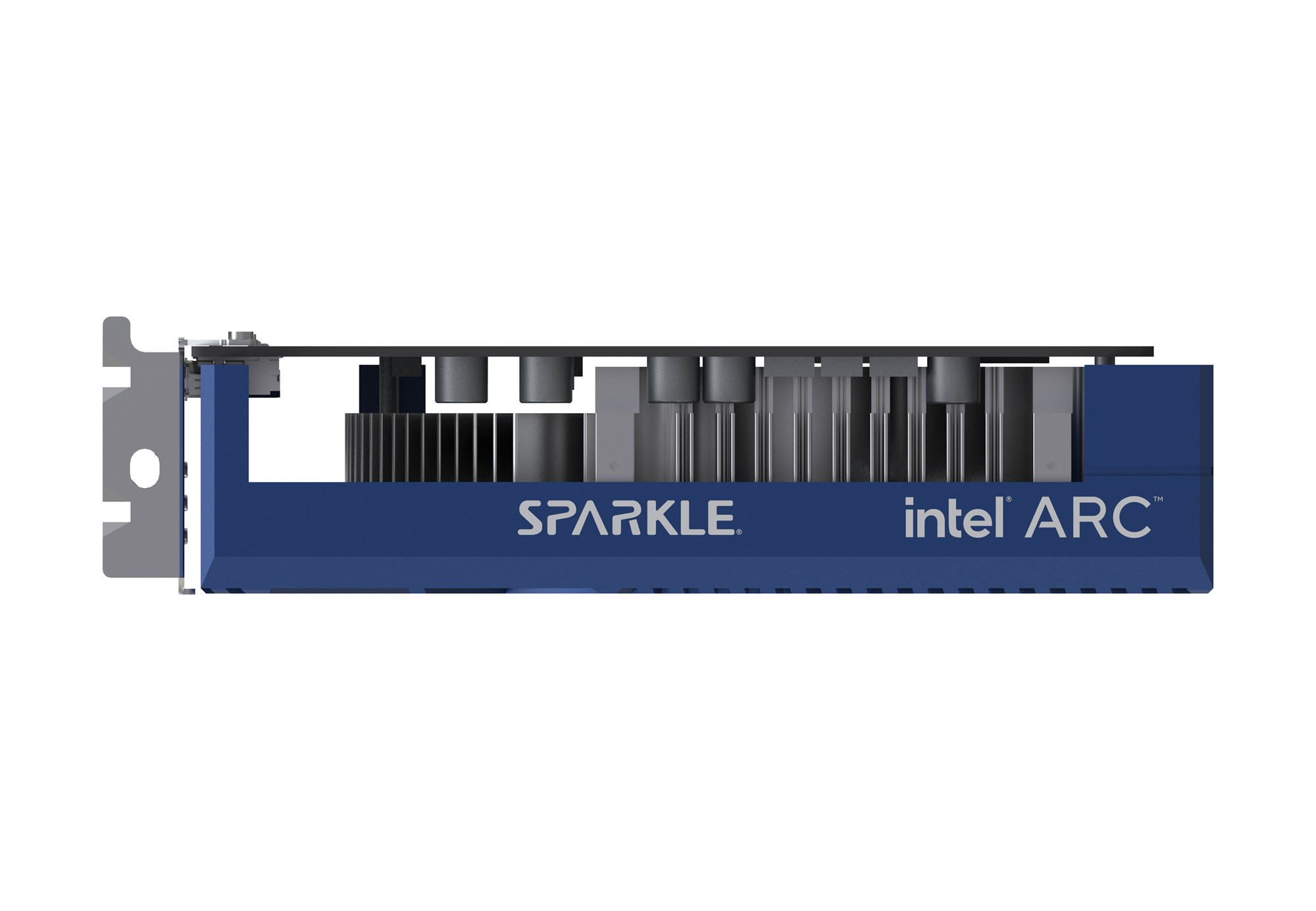 Widok z boku karty graficznej Sparkle Intel Arc z niebieską obudową, radiatorem i czarnym PCB.