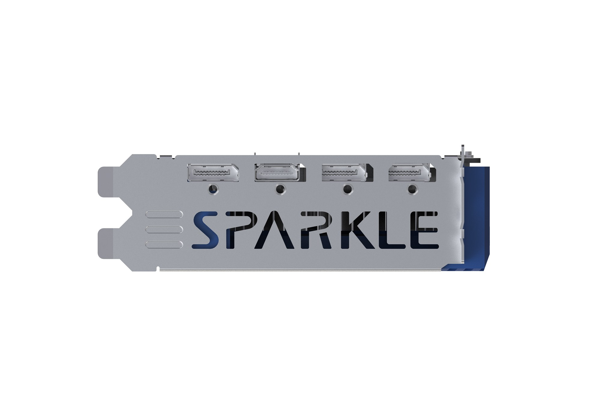Tylny panel karty graficznej SPARKLE z czterema portami wyswietlania na szarym metalu.