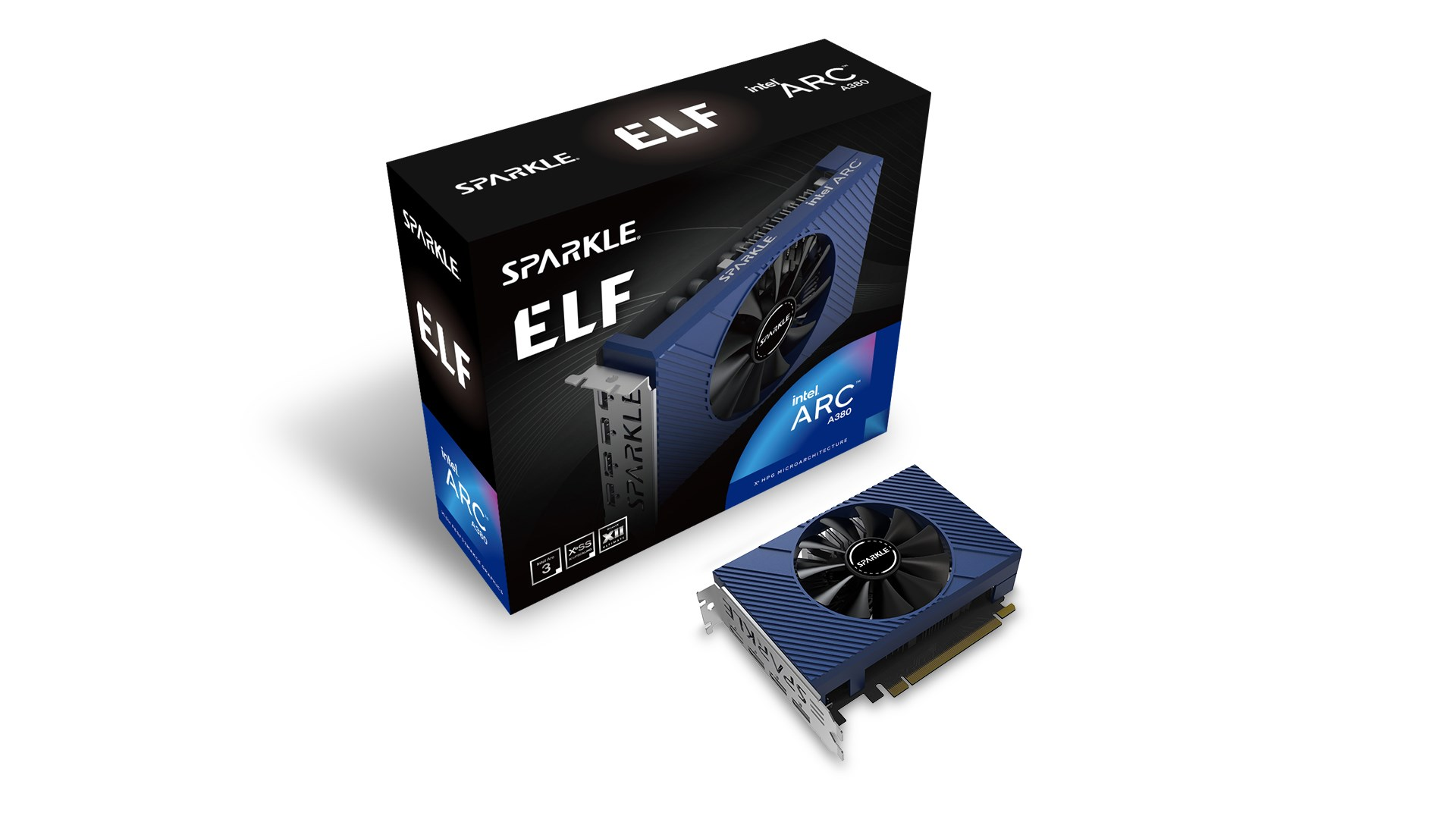 Karta graficzna Sparkle Intel Arc A380 ELF przed czarno-niebieskim pudełkiem.