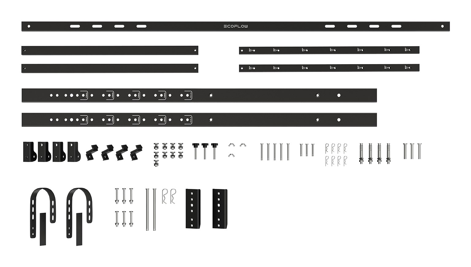 Varie guide metalliche nere, staffe, viti e bulloni disposti ordinatamente su sfondo bianco.
