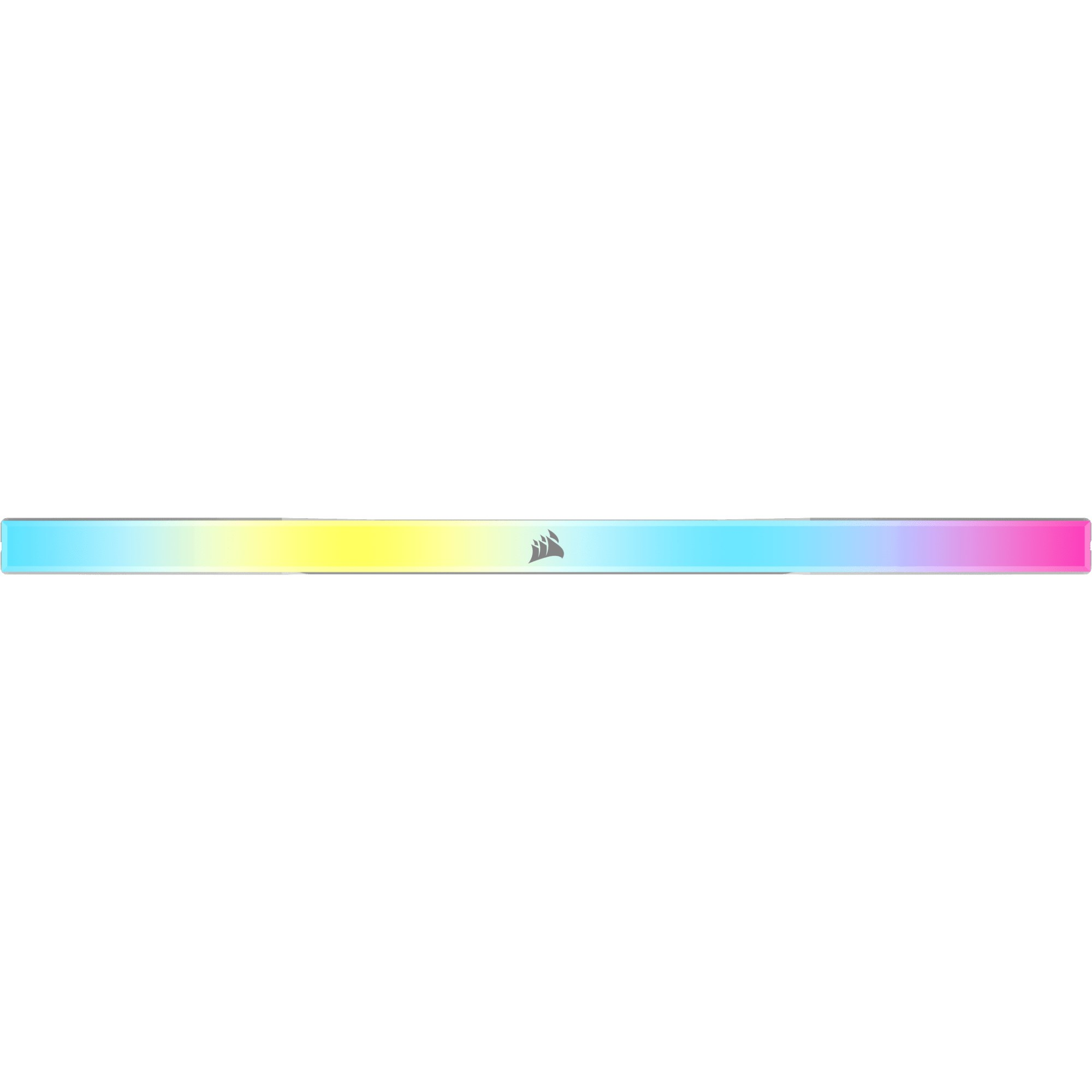 Una barra luminosa Corsair RGB lunga e sottile con cornice bianca e centro arcobaleno luminoso su sfondo bianco.