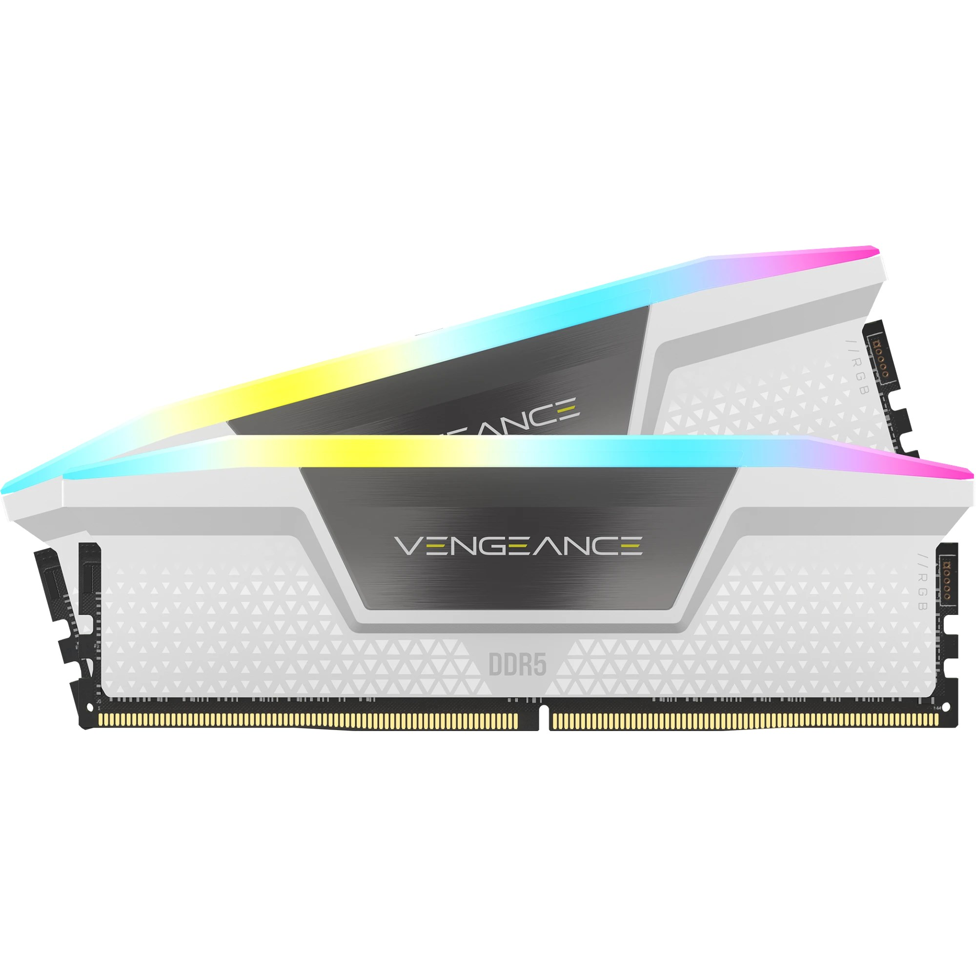 Due moduli RAM DDR5 bianchi con illuminazione RGB e logo Vengeance.