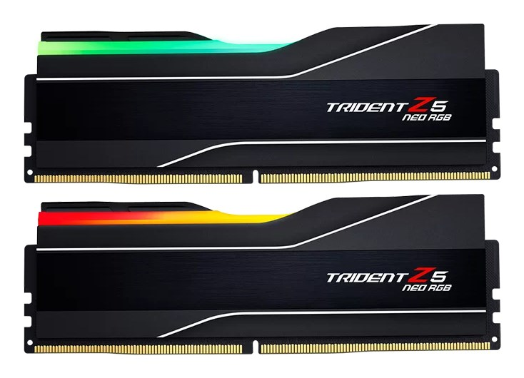 Due moduli RAM Trident Z5 Neo RGB neri con parti superiori luminose colorate e pin dorati su sfondo bianco.