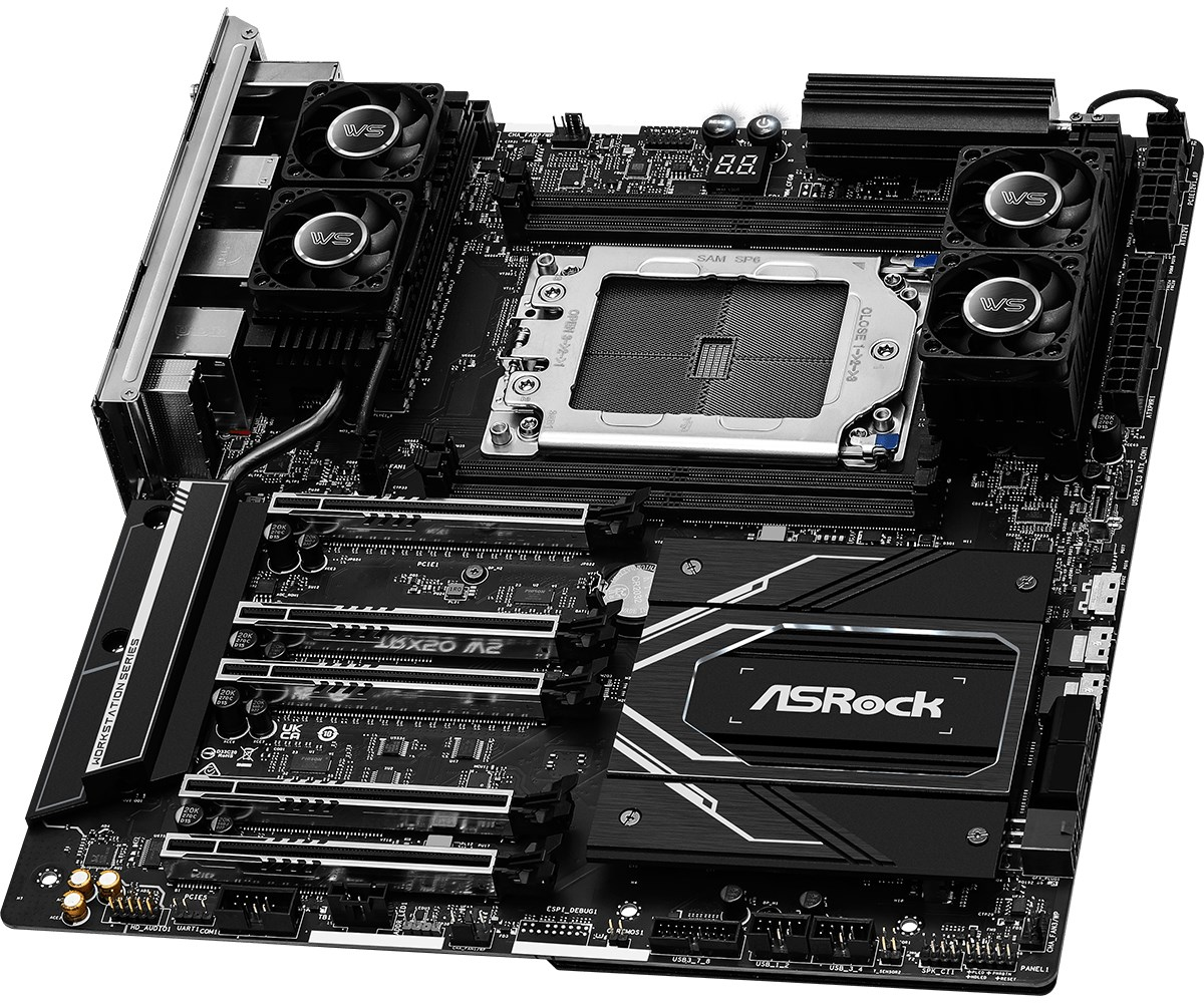 Czarna płyta główna ASRock z wieloma wentylatorami, centralnym gniazdem procesora i slotami PCIe.
