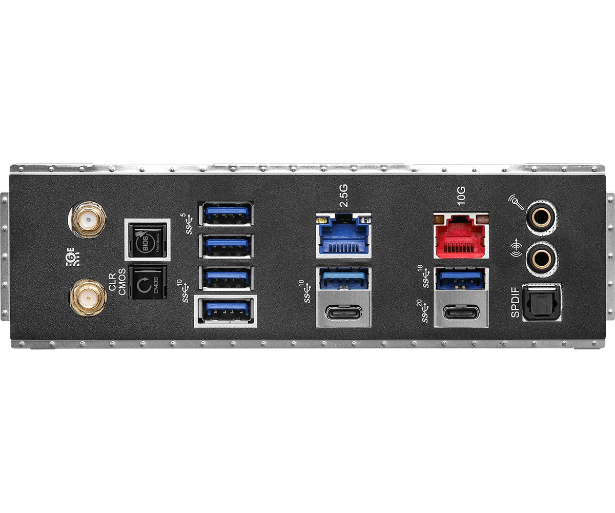 Tylny panel płyty głównej ze złączami antenowymi, portami USB, LAN i audio.