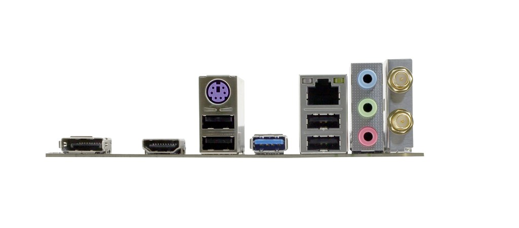 Mainboard-I/O-Blende mit USB, HDMI, DisplayPort, PS/2, Ethernet, Audioanschlüssen und Antennenbuchsen.
