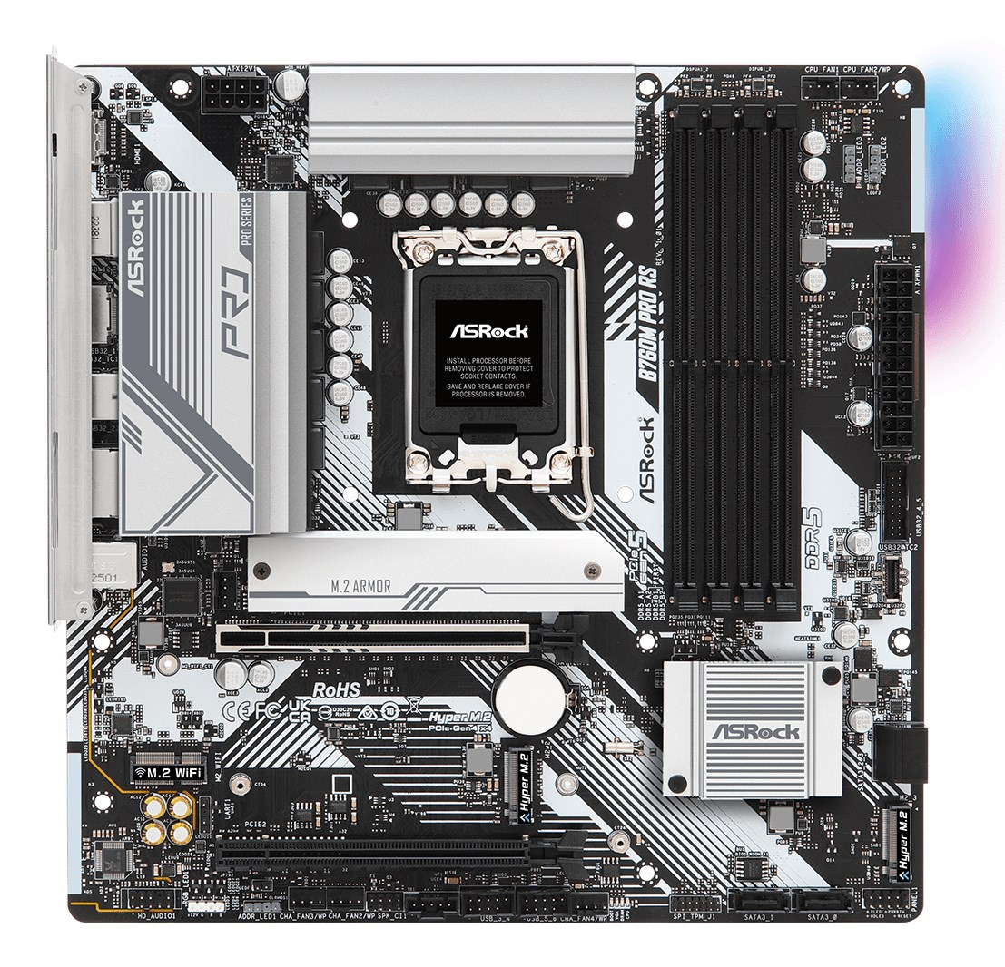 Ein schwarz-weißes ASRock B760M Pro RS Mainboard mit Kühlkörpern und DDR5-Steckplätzen.