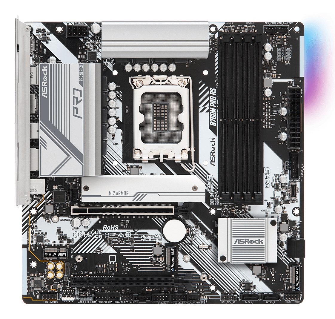Ansicht von oben eines ASRock B760M Pro RS Mainboards mit silbernen Kühlkörpern, CPU-Sockel und schwarzer Platine.