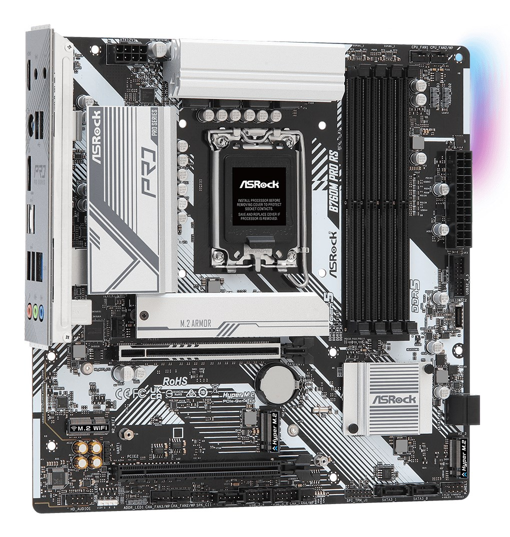 ASRock B760M Pro RS Motherboard mit CPU-Sockel, RAM-Slots, Kühlkörpern und I/O-Blende auf schwarzer Platine.
