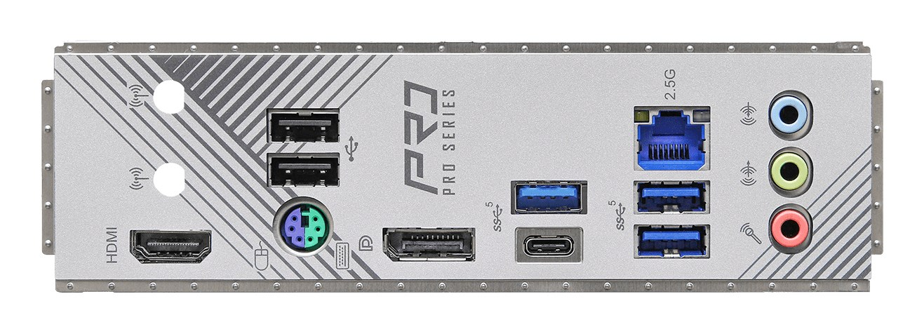 Mainboard-I/O-Blende mit USB-, HDMI-, DisplayPort-, Ethernet- und Audio-Anschlüssen.