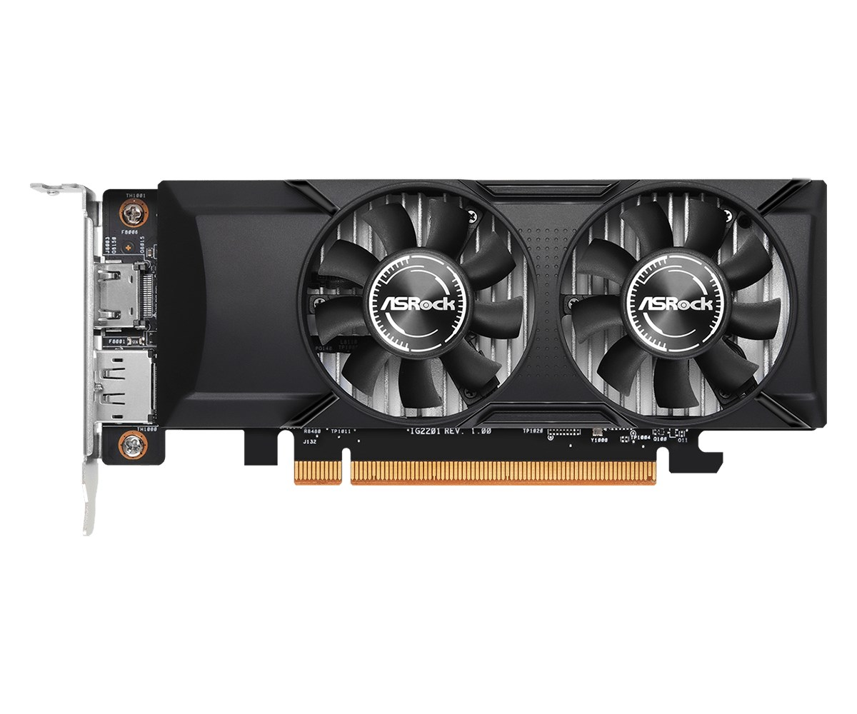 Scheda grafica ASRock nera con due ventole di raffreddamento e connettore PCIe argento su sfondo bianco.