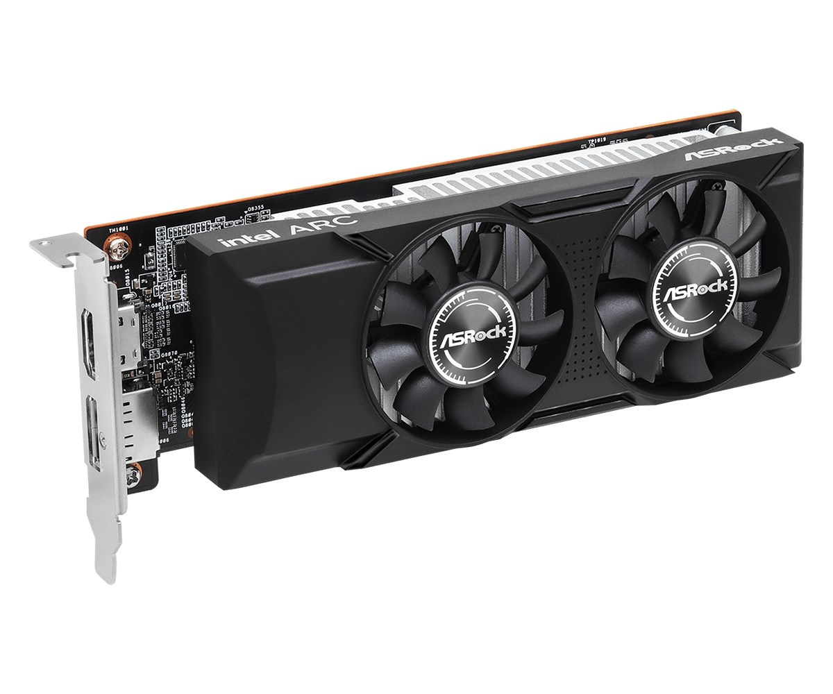 Una scheda grafica ASRock Intel Arc con due ventole nere e staffa metallica su sfondo bianco.