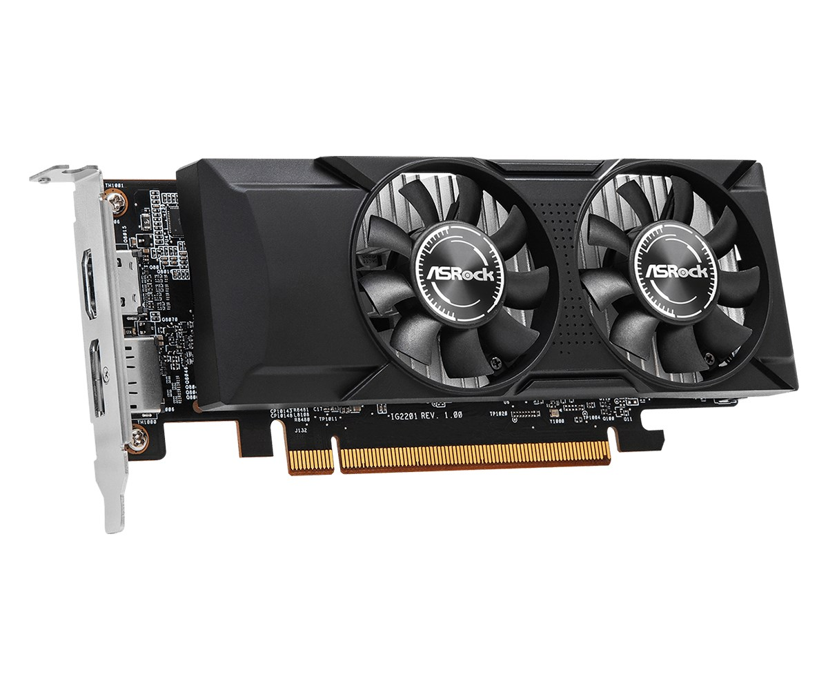 Scheda grafica ASRock con due ventole nere, staffa I/O argentata e circuito stampato nero su sfondo bianco.