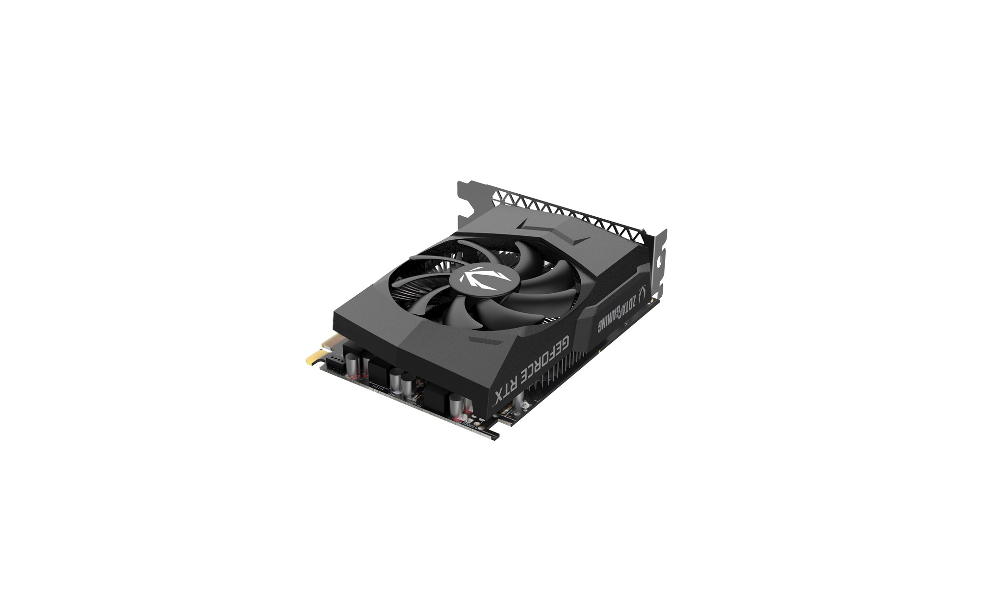 Czarna karta graficzna Zotac Gaming GeForce RTX z pojedynczym wentylatorem na białym tle.
