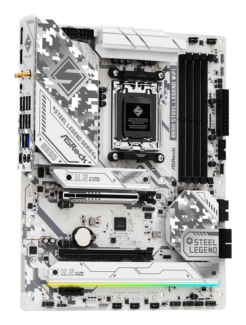 Ein weiß-silbernes ASRock B650 Steel Legend WiFi Motherboard mit digitalem Tarnmuster.