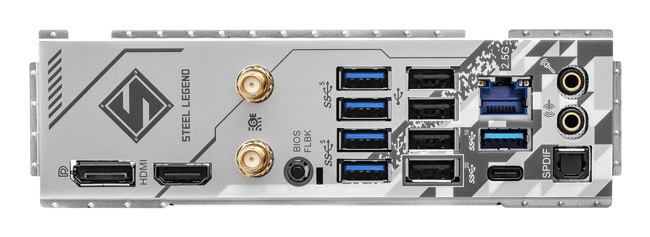 Silbernes Mainboard-I/O-Schild mit USB-Anschlüssen, HDMI, DisplayPort, Antennenanschlüssen und Audiobuchsen.