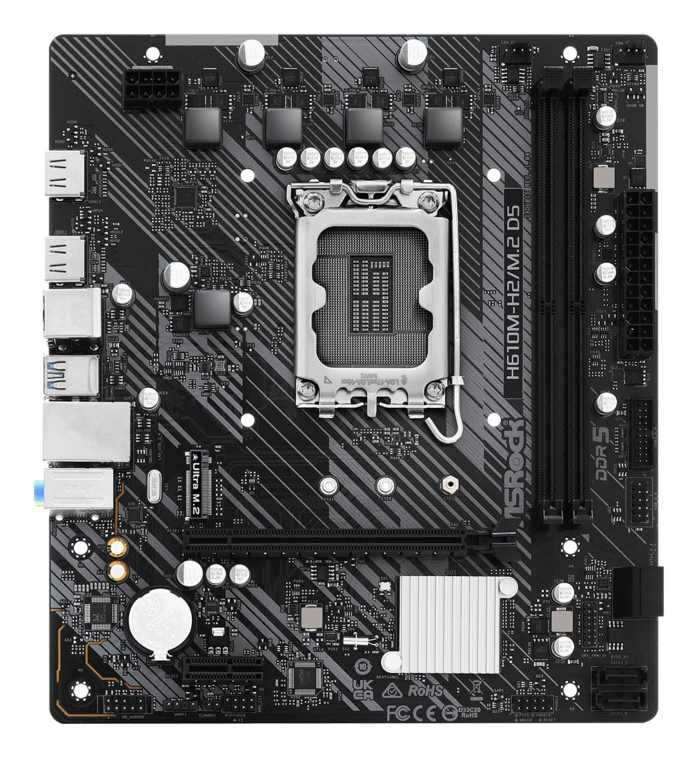 Czarna płyta główna komputera ASRock H610M-H2/M.2 D5 ze srebrnym gniazdem procesora i portami.