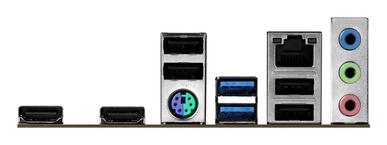 Panel I/O płyty głównej z portami HDMI, USB, PS/2, Ethernet i audio.