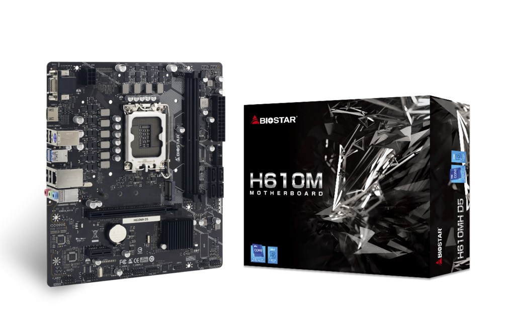 Biostar H610M D5 Motherboard neben seiner schwarz-silbernen Verpackung auf weißem Hintergrund.