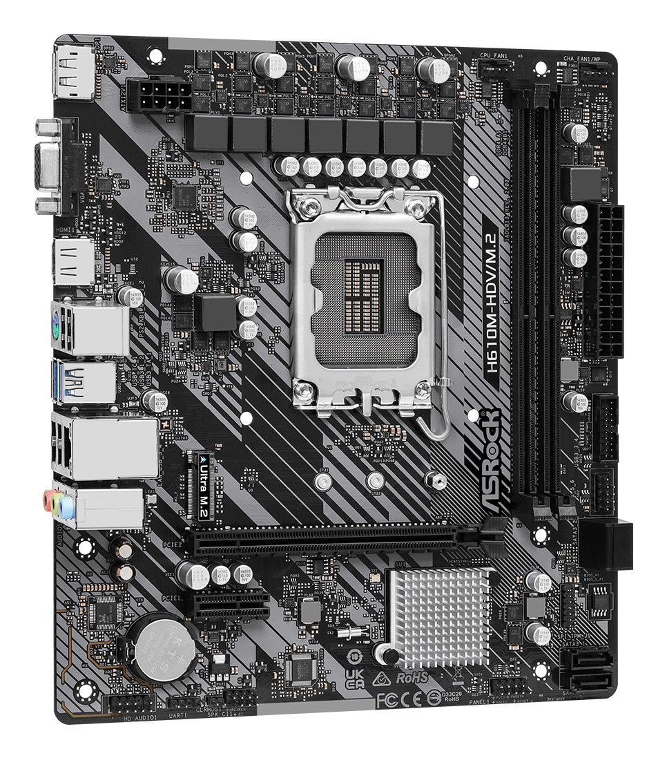 Ein schwarz-graues ASRock H610M-HDV/M.2 Mainboard mit CPU-Sockel, RAM-Steckplätzen und Anschlüssen.