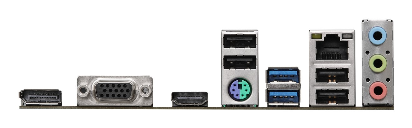 Motherboard-I/O-Blende mit DisplayPort-, VGA-, HDMI-, USB-, PS/2-, Ethernet- und Audio-Anschlüssen.