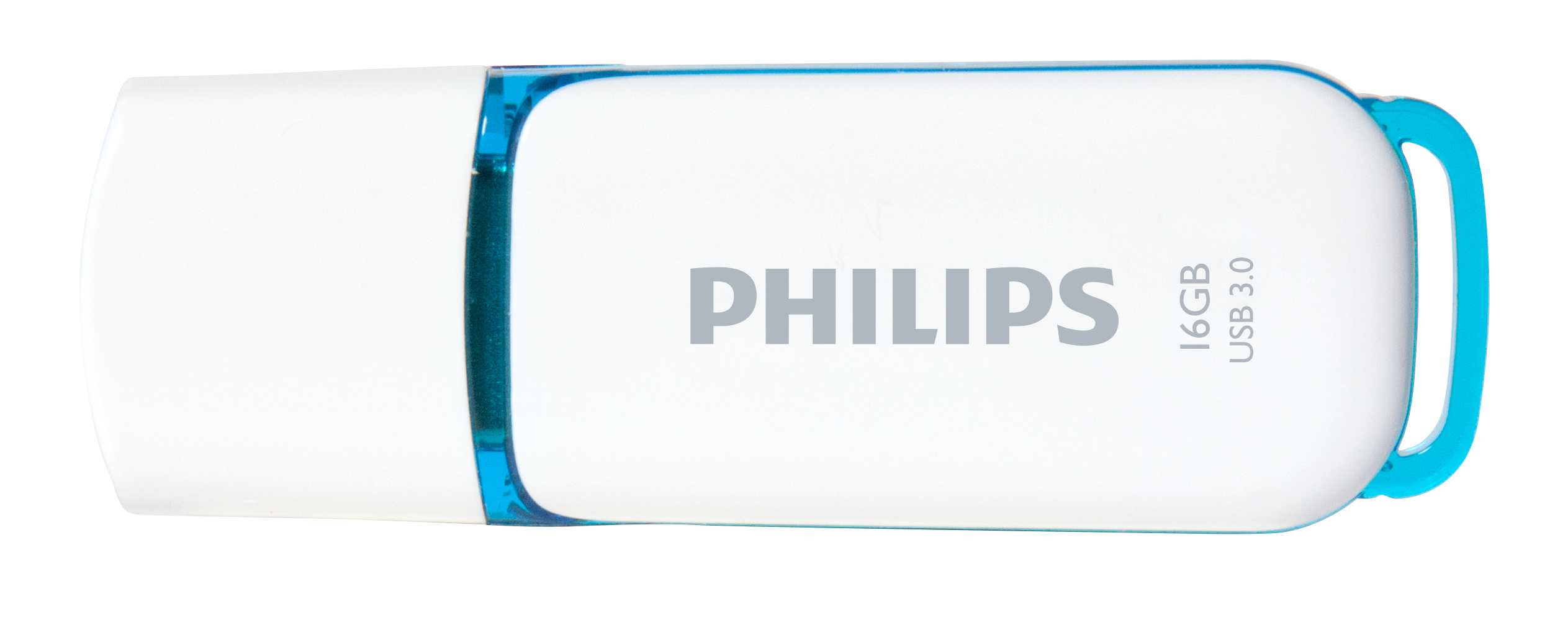 Ein weiß-türkiser Philips 16GB USB 3.0 Speicherstick auf schwarzem Hintergrund.