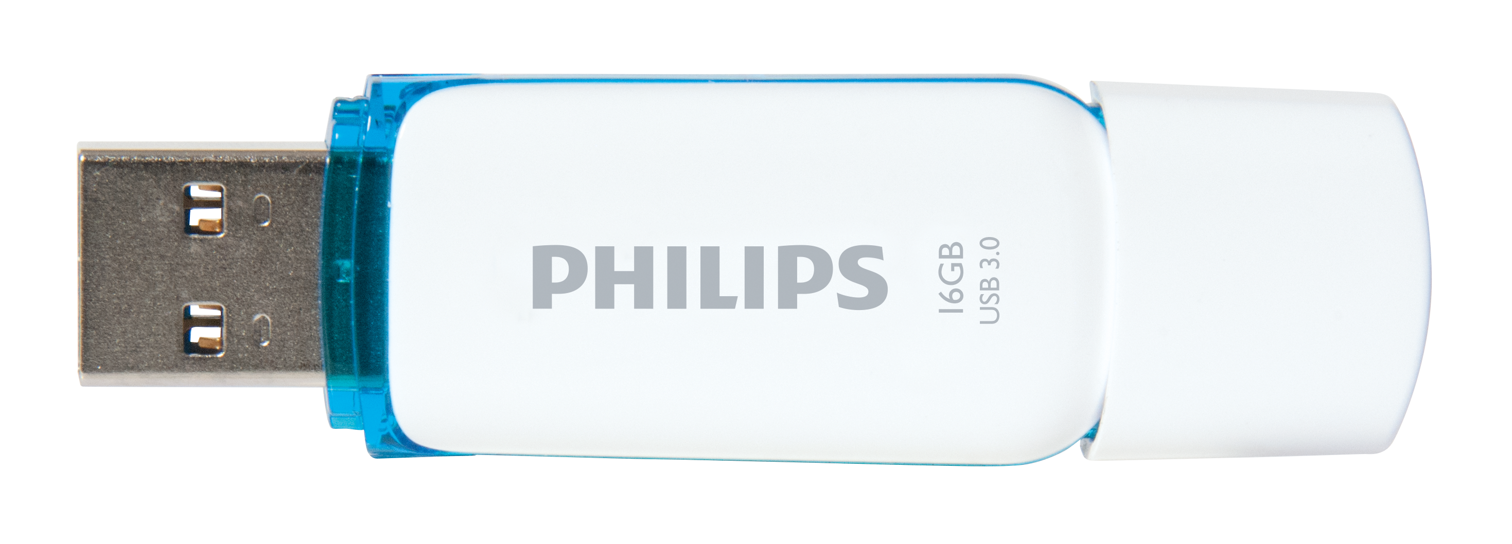 Una memoria USB Philips blanca de 16GB USB 3.0 con detalles azules y un conector USB-A plateado sobre un fondo negro.