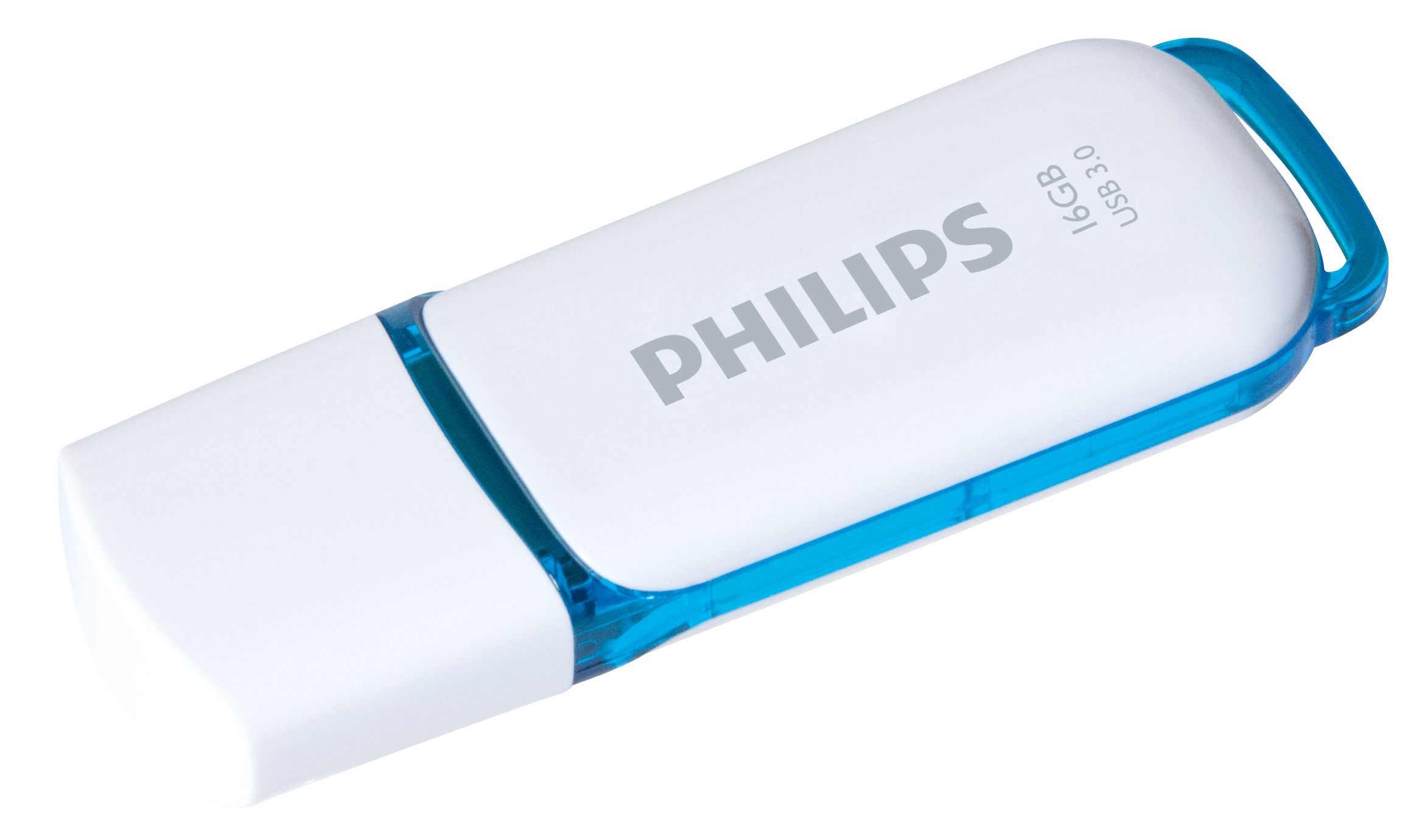 Una unidad flash USB 3.0 Philips de 16 GB blanca y azul sobre fondo negro.