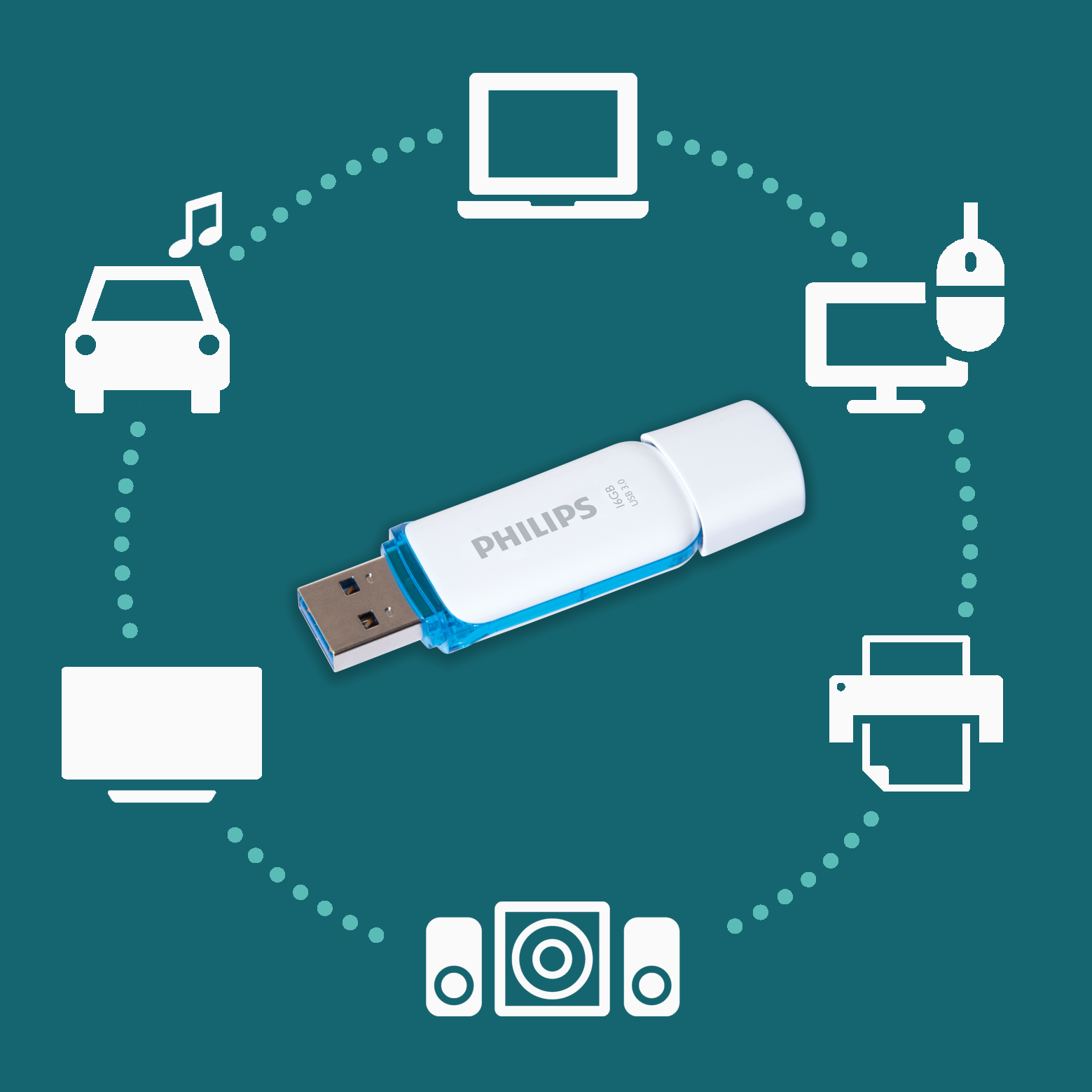Una memoria USB Philips blanca y azul centrada sobre un fondo verde azulado, rodeada de iconos de dispositivos blancos.