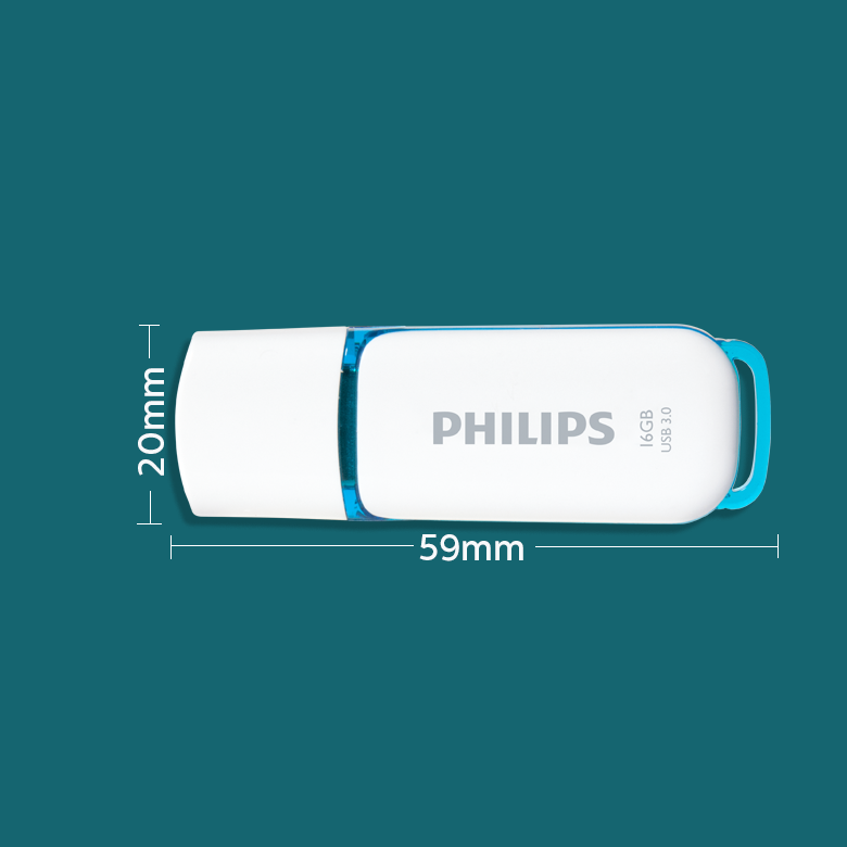 Memoria USB Philips de 16GB blanca con líneas de cota de 59mm de largo y 20mm de ancho sobre fondo verde azulado.